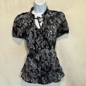 G-121 Apt. 9 Black & White Short Sleeve Button Down Peplum Blouse Size‎ S